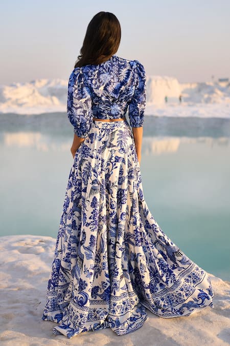 Shop Dash And Dot Blue Polyester Bandeau Neck Porcelain Print Top And Skirt Set at Aza Fashions Shop_Dash And Dot_Blue Polyester Bandeau Neck Porcelain Print Top And Skirt Set _at_Aza_Fashions