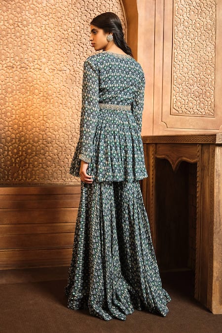 Shop Aneesh Agarwaal Blue Chiffon, Organza, Linen Embroidery, Zari Round Ikat Print Kurta Sharara Set at Aza Fashions Shop_Aneesh Agarwaal_Blue Chiffon, Organza, Linen Embroidery, Zari Round Ikat Print Kurta Sharara Set _at_Aza_Fashions