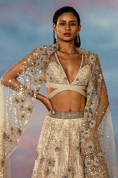 Shop Rohit Gandhi + Rahul Khanna Gold Denim, Crepe, Tulle Crystals, Sequins, Embroidery Floral Lehenga Set at Aza Fashions Shop_Rohit Gandhi + Rahul Khanna_Gold Denim, Crepe, Tulle Crystals, Sequins, Embroidery Floral Lehenga Set _at_Aza_Fashions