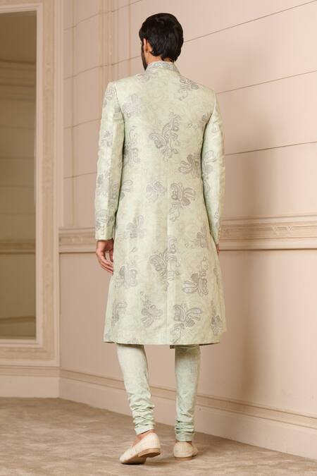 Shop_Tarun Tahiliani_Blue Silk, Poplin Hand Painted Paisley Pattern Sherwani With Kurta Set_at_Aza_Fashions