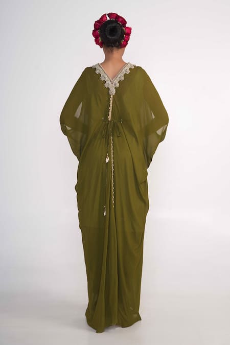 Shop_Merge Design_Green Chiffon, Crepe Embroidery V-neck Neckline Draped Gown _at_Aza_Fashions