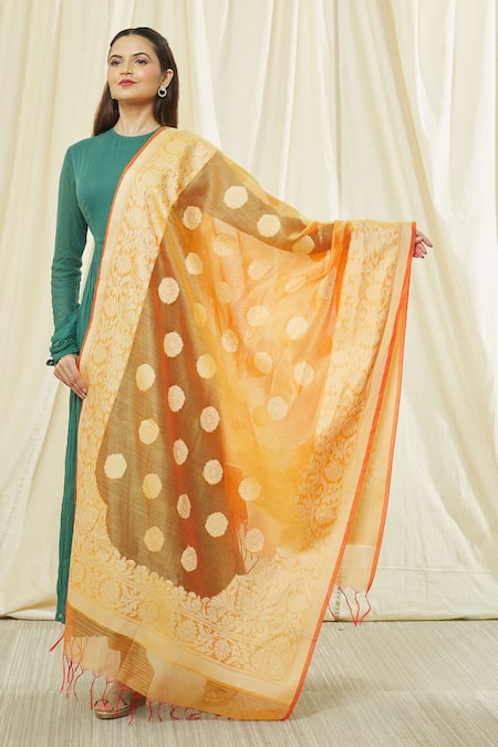 Shop Naintara Bajaj Orange Cotton, Silk Embroidery, Fringe Floral Pattern Dupatta at Aza Fashions Shop_Naintara Bajaj_Orange Cotton, Silk Embroidery, Fringe Floral Pattern Dupatta _at_Aza_Fashions