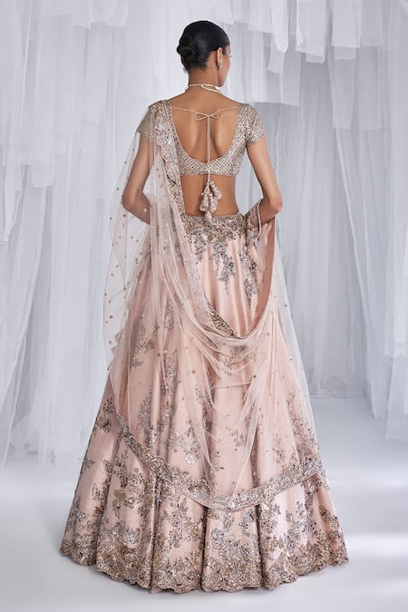Shop Dolly J Peach Silk, Tulle Embroidery Posey Raw Kamdani Work Bridal Lehenga Set at Aza Fashions Shop_Dolly J_Peach Silk, Tulle Embroidery Posey Raw Kamdani Work Bridal Lehenga Set _at_Aza_Fashions
