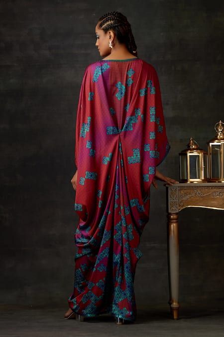 Shop Shilpi Gupta Red Armani Satin Floral, Geometric V Neck Printed Maxi Dress at Aza Fashions Shop_Shilpi Gupta_Red Armani Satin Floral, Geometric V Neck Printed Maxi Dress_at_Aza_Fashions