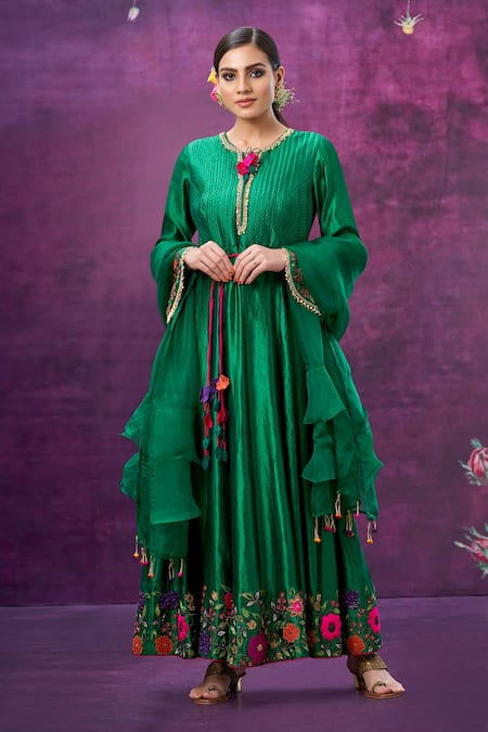 Shop_Label Niti Bothra_Green Kora Silk Mughal Round Floral Applique Anarkali With Dupatta _at_Aza_Fashions