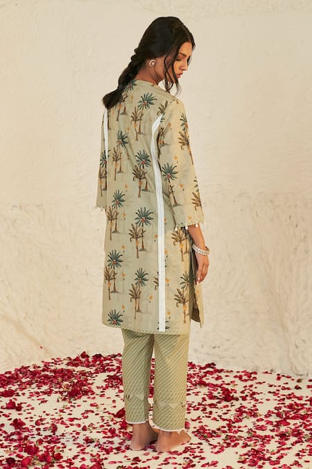 Shop_Sage Saga_Green Lawn Cotton Printed Tree V Neck Pihu Pattern Tunic Palazzo Set _at_Aza_Fashions