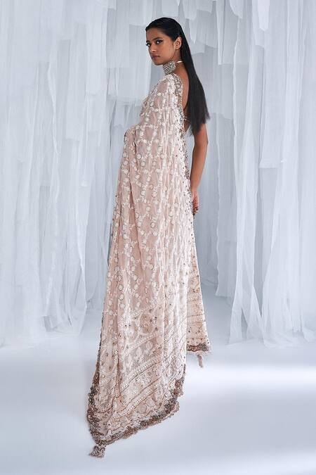 Shop_Dolly J_Ivory Georgette Chiffon Embroidery Isla Chikankari Saree With Blouse _at_Aza_Fashions