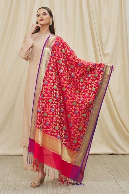 Shop Naintara Bajaj Red Brocade Embroidery Tassel Border Woven Dupatta at Aza Fashions Shop_Naintara Bajaj_Red Brocade Embroidery Tassel Border Woven Dupatta _at_Aza_Fashions