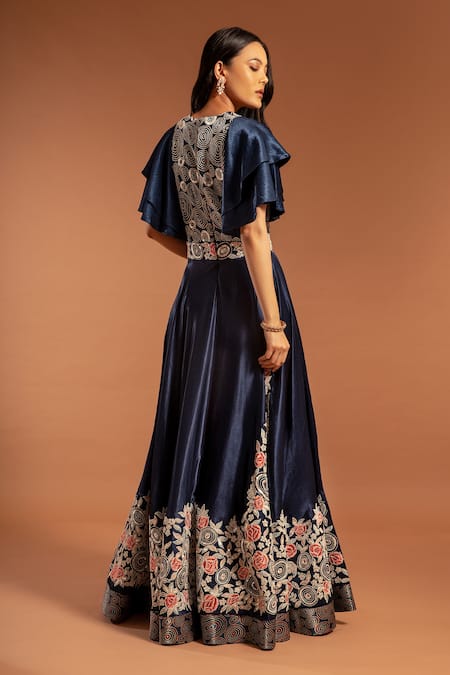 Shop Sejal Kamdar Blue Satin, Silk Embroidery, Sequins V-neck Floral Ruffle Sleeve Gown at Aza Fashions Shop_Sejal Kamdar_Blue Satin, Silk Embroidery, Sequins V-neck Floral Ruffle Sleeve Gown _at_Aza_Fashions