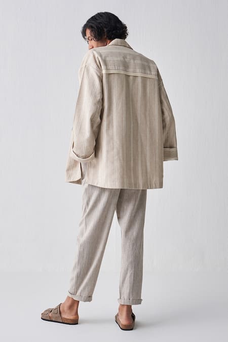 Shop_THREE_Beige Handwoven Cotton Solid Pant _at_Aza_Fashions