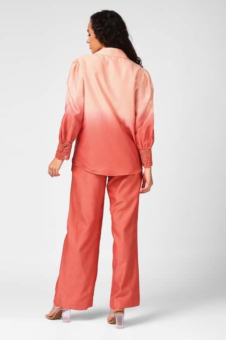 Shop Sakshi Khetterpal Coral Chanderi Silk Embroidery Collared Shirt And Pant Set at Aza Fashions Shop_Sakshi Khetterpal_Coral Chanderi Silk Embroidery Collared Shirt And Pant Set _at_Aza_Fashions