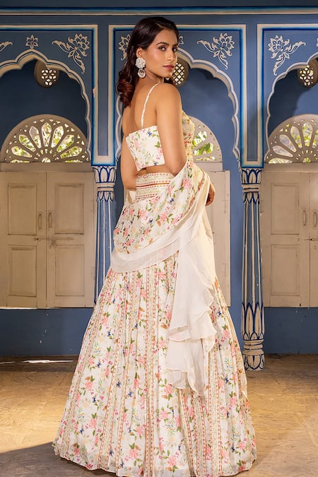 Shop Suruchi Parakh White Georgette, Organza Embroidery V-neck Line Lehenga Set at Aza Fashions Shop_Suruchi Parakh_White Georgette, Organza Embroidery V-neck Line Lehenga Set _at_Aza_Fashions