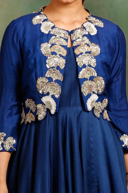 Shop_Garo_Blue Silk, Muslin, Tussar Embroidery Round Neck Jacket And Anarkali Set _at_Aza_Fashions