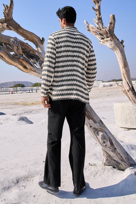 Shop Dash And Dot Beige Cotton Chevron Blazer at Aza Fashions Shop_Dash And Dot_Beige Cotton Chevron Blazer_at_Aza_Fashions