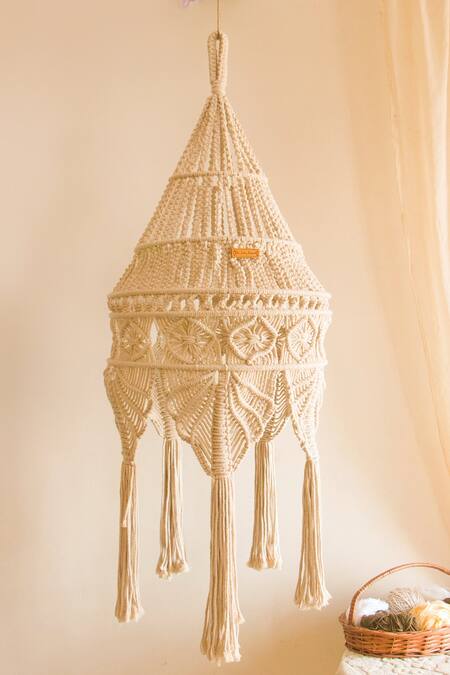 Shop Karighar Off White Natural Twisted Cotton Thread And Metal Frame Woven Boho Chandelier at Aza Fashions Shop_Karighar_Off White Natural Twisted Cotton Thread And Metal Frame Woven Boho Chandelier_at_Aza_Fashions