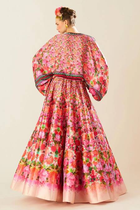 Shop_Rajdeep Ranawat_Coral Dupion Printed Flower Round Leela Lehenga And Top Set  _at_Aza_Fashions