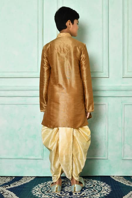 Shop Petite Pomme Brown Silk Pearls, Embroidery Buttoned Kurta With Dhoti Pant at Aza Fashions Shop_Petite Pomme_Brown Silk Pearls, Embroidery Buttoned Kurta With Dhoti Pant _at_Aza_Fashions