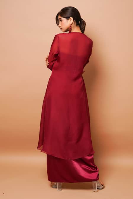 Shop Ahi Clothing Wine Satin Zari Sweetheart , Round Embroidered Jacket Skirt Set at Aza Fashions Shop_Ahi Clothing_Wine Satin Zari Sweetheart , Round Embroidered Jacket Skirt Set _at_Aza_Fashions