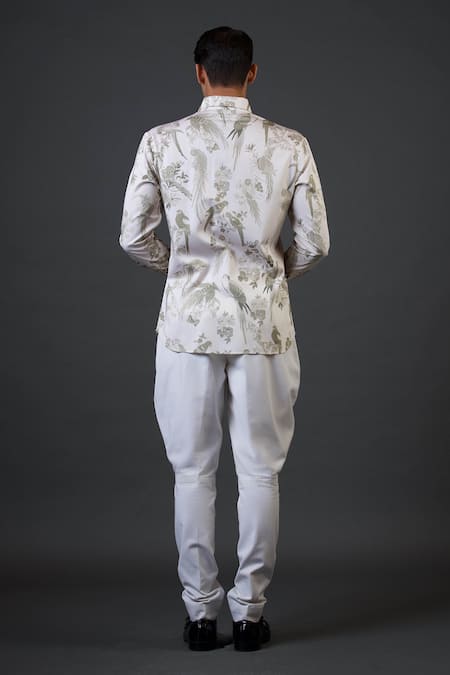 Shop_Balance By Rohit Bal_Ivory Poplin, Satin Embroidery Floral And Bird Print Fitted Shirt _at_Aza_Fashions