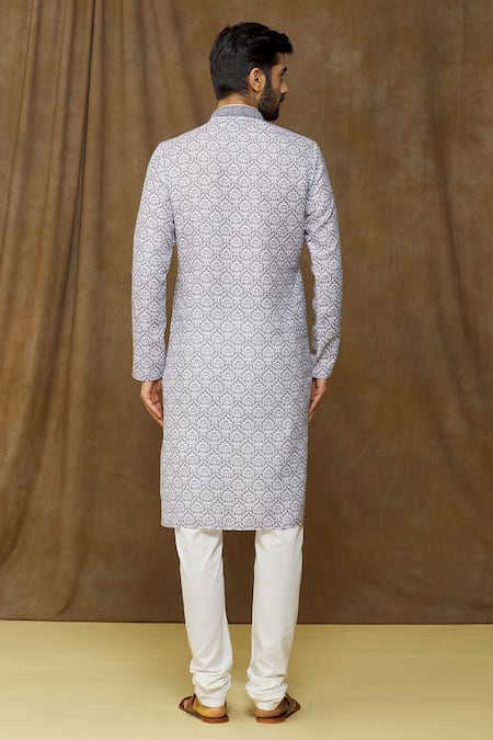 Shop_Samyukta Singhania_Grey Cotton, Chanderi Silk Embroidery Printed Kurta Set _at_Aza_Fashions