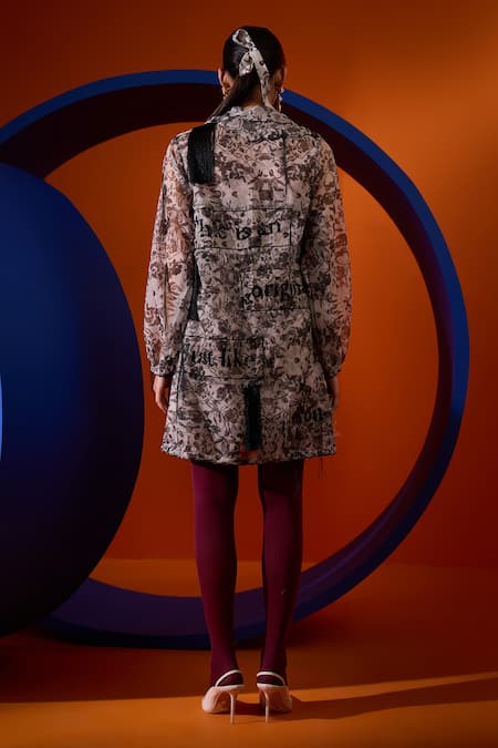 Shop The Dramebaaz CO Black Organza Beads, Sequins, Embroidery Square Primrose Print Dress With Jacket at Aza Fashions Shop_The Dramebaaz CO_Black Organza Beads, Sequins, Embroidery Square Primrose Print Dress With Jacket _at_Aza_Fashions