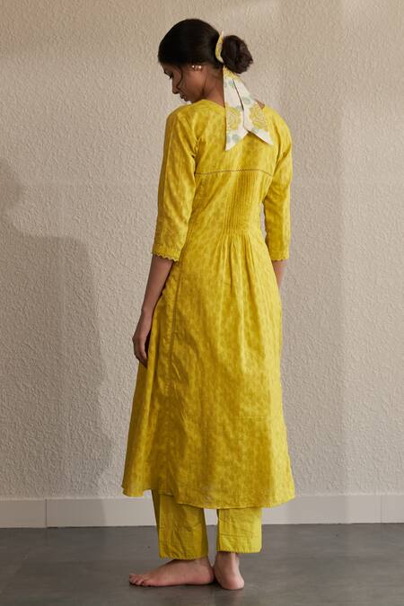 Shop_Label Mansi Nagdev_Yellow Kurta Cotton Hand Block Printed And Embroidered Floral Pattern A-line Set _at_Aza_Fashions
