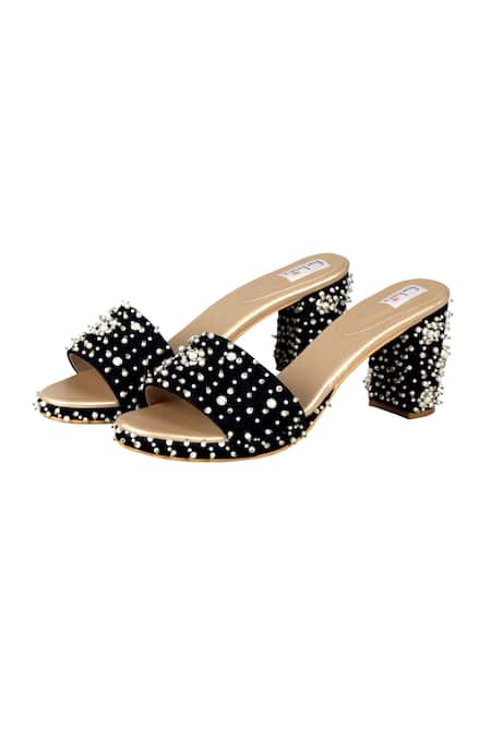 Shop Fuchsia by aashaka mehta Blue Beads Velvet Embellished Block Heels at Aza Fashions Shop_Fuchsia by aashaka mehta_Blue Beads Velvet Embellished Block Heels _at_Aza_Fashions