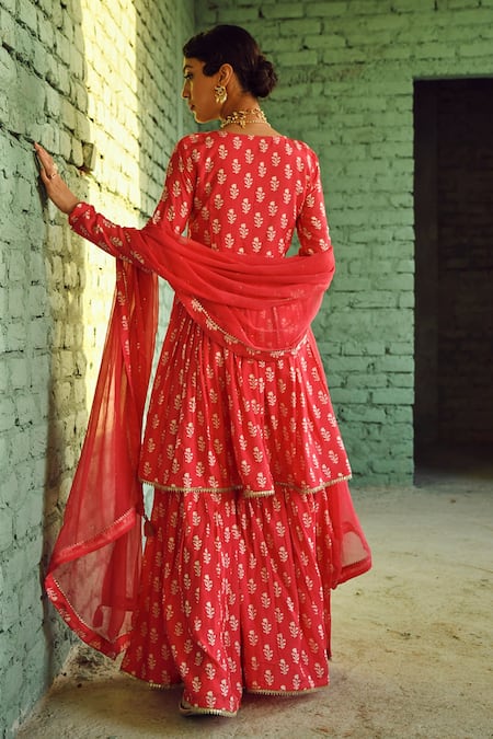 Karaj Jaipur Floret Print Flared Kurta Sharara Set 