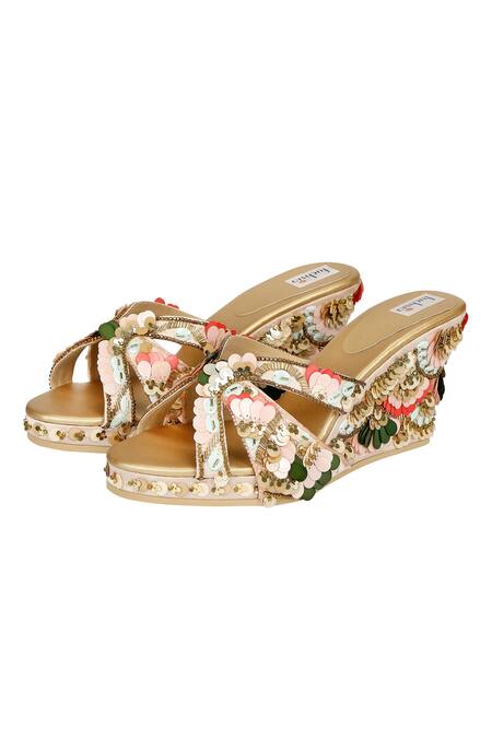 Shop_Fuchsia_Multi Color Sequins, Cut Work Embellished Wedges And Clutch Set _at_Aza_Fashions