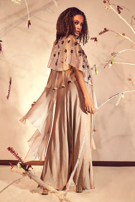 Shop_Babita Malkani_Brown Silk, Organza V-neck Cape And Flared Pant Set _at_Aza_Fashions