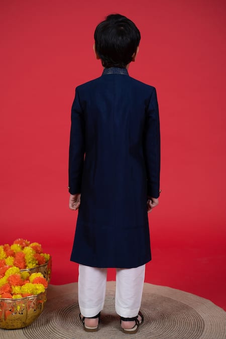 Shop Little Boys Closet Blue Cotton, Silk Embroidery Zardozi Collar Sherwani Set at Aza Fashions Shop_Little Boys Closet_Blue Cotton, Silk Embroidery Zardozi Collar Sherwani Set _at_Aza_Fashions