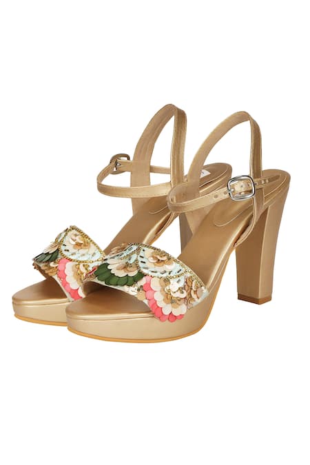 Shop Fuchsia by aashaka mehta Multi Color Sequins, Cut Work, Stones Pop Embellished Block Heels And Clutch Set at Aza Fashions Shop_Fuchsia by aashaka mehta_Multi Color Sequins, Cut Work, Stones Pop Embellished Block Heels And Clutch Set _at_Aza_Fashions