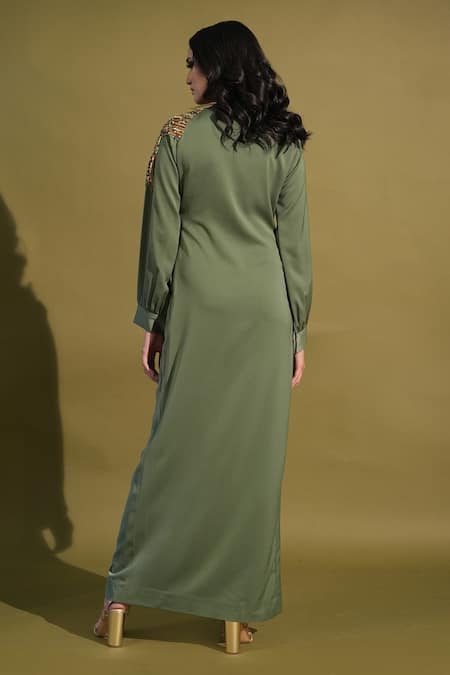 Shop Nikita Mhaisalkar Green Lurex, Polyester Embroidery V-neck Sleeve Embellished Slit Dress at Aza Fashions Shop_Nikita Mhaisalkar_Green Lurex, Polyester Embroidery V-neck Sleeve Embellished Slit Dress _at_Aza_Fashions