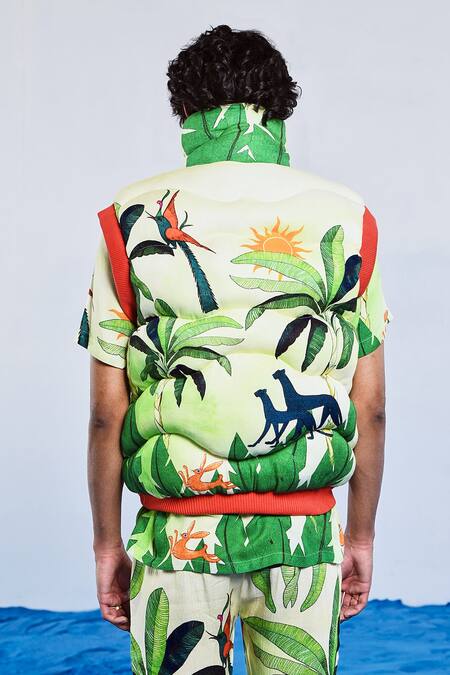 Shop Triune Green Dobby And Embroidery Digital Summer Earth Puffer Jacket at Aza Fashions Shop_Triune_Green Dobby And Embroidery Digital Summer Earth Puffer Jacket _at_Aza_Fashions