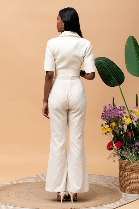 Shop Rishi and Vibhuti Ivory Jersey, Cotton Fringe Collared Senorita Embellished Jacket And Pant Set at Aza Fashions Shop_Rishi and Vibhuti_Ivory Jersey, Cotton Fringe Collared Senorita Embellished Jacket And Pant Set _at_Aza_Fashions