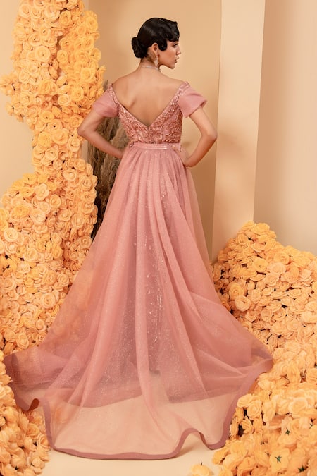 Adi By Aditya Khandelwl Floral Embroidered Net Gown With Trail 