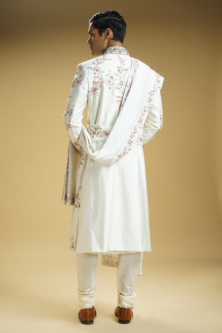 Shop Kommal Sood Off White Cotton, Silk Embroidery Flower Sherwani Set at Aza Fashions Shop_Kommal Sood_Off White Cotton, Silk Embroidery Flower Sherwani Set _at_Aza_Fashions