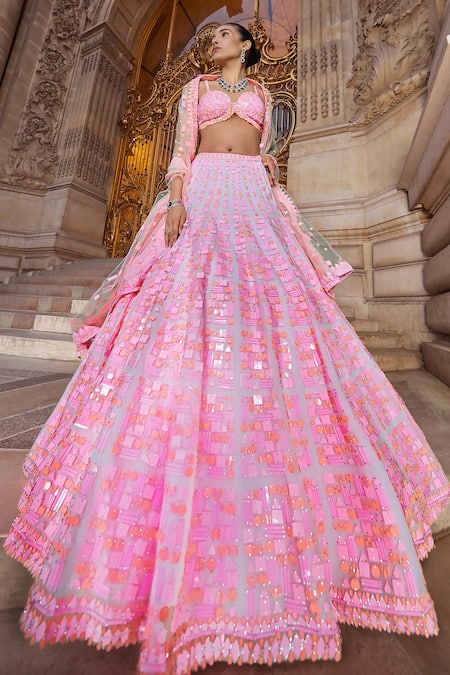 Shop Seema Gujral Pink Net Sequins Sweetheart Neck Neon Work Bridal Lehenga Set at Aza Fashions Shop_Seema Gujral_Pink Net Sequins Sweetheart Neck Neon Work Bridal Lehenga Set _at_Aza_Fashions