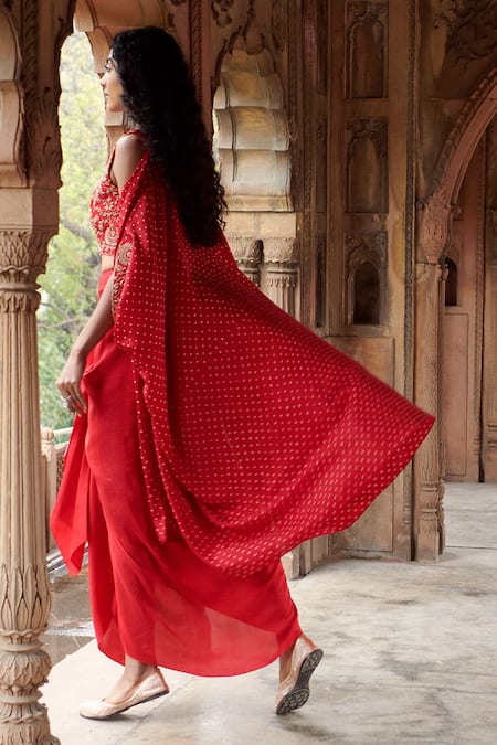 Shop_Pink City By Sarika_Red Silk Zari, Sequins, Embroidery Round Neck Embellished Crop Top Skirt Set _at_Aza_Fashions