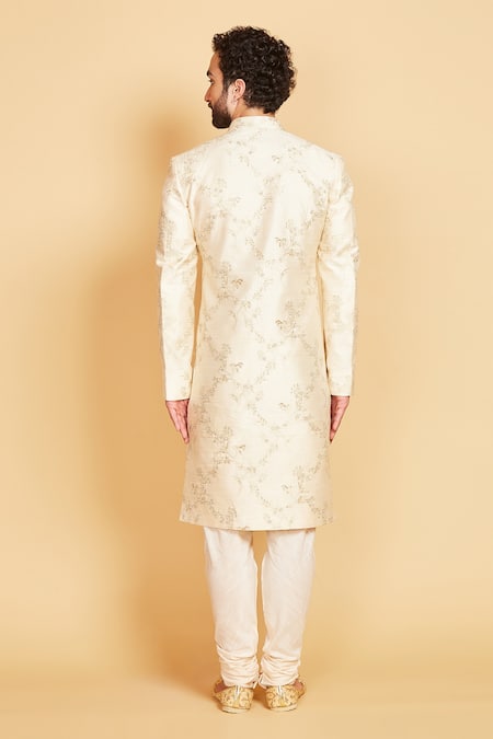 Shop_Amrin Khan_Cream Raw Silk Floral Zari Work Sherwani Set _at_Aza_Fashions