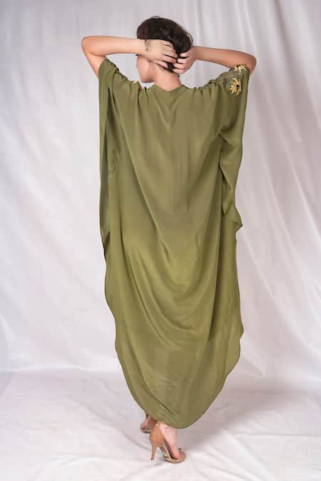 Shop_Seesa_Green Crepe, Silk Embroidery Mandarin Collar Sleeve Kaftan _at_Aza_Fashions