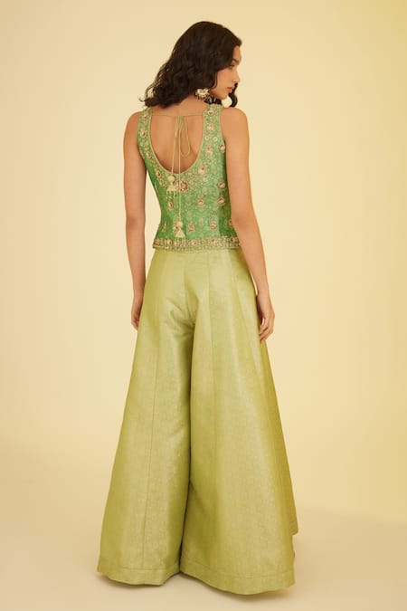 Shop Shyam Narayan Prasad Green Brocade, Net Zari, Embroidery V-neck Floral Woven Top Sharara Set at Aza Fashions Shop_Shyam Narayan Prasad_Green Brocade, Net Zari, Embroidery V-neck Floral Woven Top Sharara Set _at_Aza_Fashions