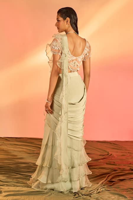 Shop J By Jannat Green Crepe Hand Embroidery Floral V Pre-draped Saree With Blouse at Aza Fashions Shop_J By Jannat_Green Crepe Hand Embroidery Floral V Pre-draped Saree With Blouse _at_Aza_Fashions