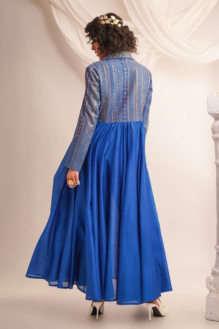 Shop Jajaabor Blue Silk Chanderi Embroidery Geometric Notched Textured Anarkali And Pant Set at Aza Fashions Shop_Jajaabor_Blue Silk Chanderi Embroidery Geometric Notched Textured Anarkali And Pant Set _at_Aza_Fashions