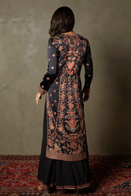 Shop RI.Ritu Kumar Black Kurta - Silk Satin Printed Avena Floral Aari Embroidered Palazzo Set at Aza Fashions Shop_RI.Ritu Kumar_Black Kurta - Silk Satin Printed Avena Floral Aari Embroidered Palazzo Set _at_Aza_Fashions