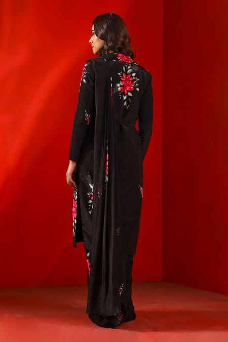 Shop_ISHA GUPTA TAYAL_Black Silk Embroidery Collared Magnolia Print Trench Coat With Belt _at_Aza_Fashions