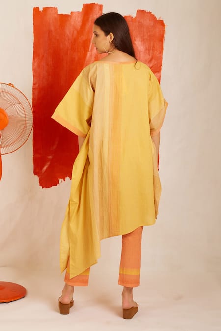 Shop Banana Labs Yellow V-neck Striped Hand Block Print Kaftan And Pant Set at Aza Fashions Shop_Banana Labs_Yellow V-neck Striped Hand Block Print Kaftan And Pant Set _at_Aza_Fashions