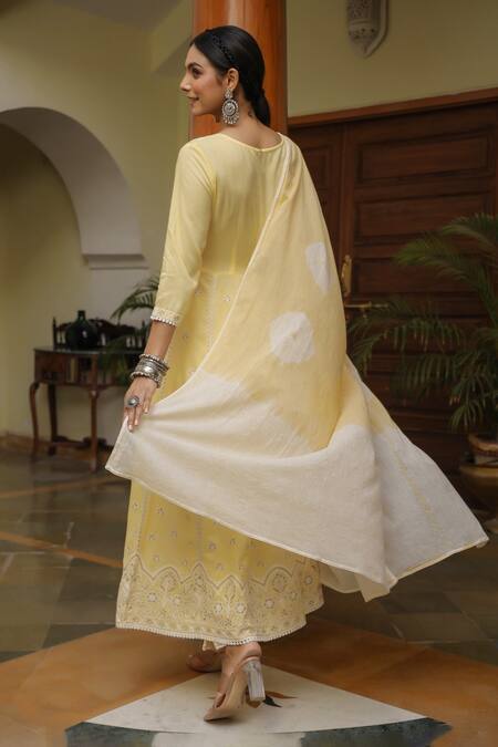 Shop_Bairaas_Yellow Rayon Embroidery, Lace Round Neck Chevron And Stripe Anarkali Set _at_Aza_Fashions