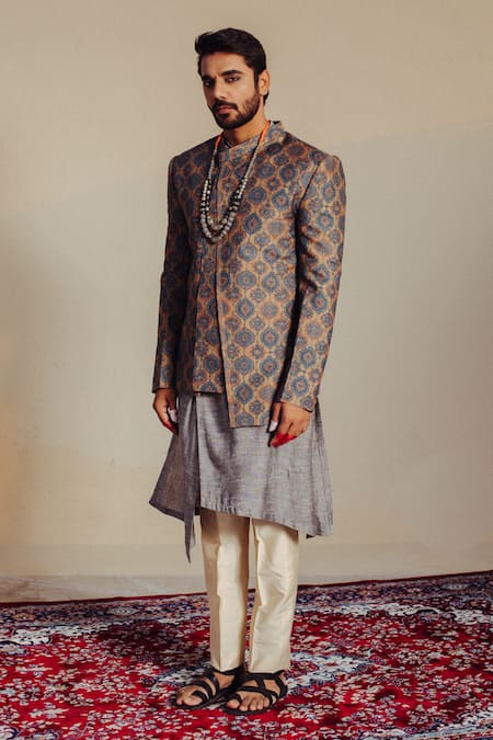 Ankita Shahabadi Floral Print Silk Bandhgala Set 