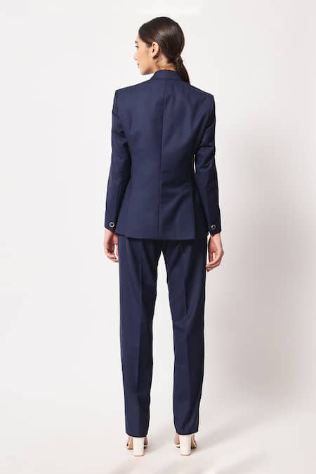 Shop Soniya G Blue Satin Collared Double Breasted Coat And Pant Set at Aza Fashions Shop_Soniya G_Blue Satin Collared Double Breasted Coat And Pant Set _at_Aza_Fashions